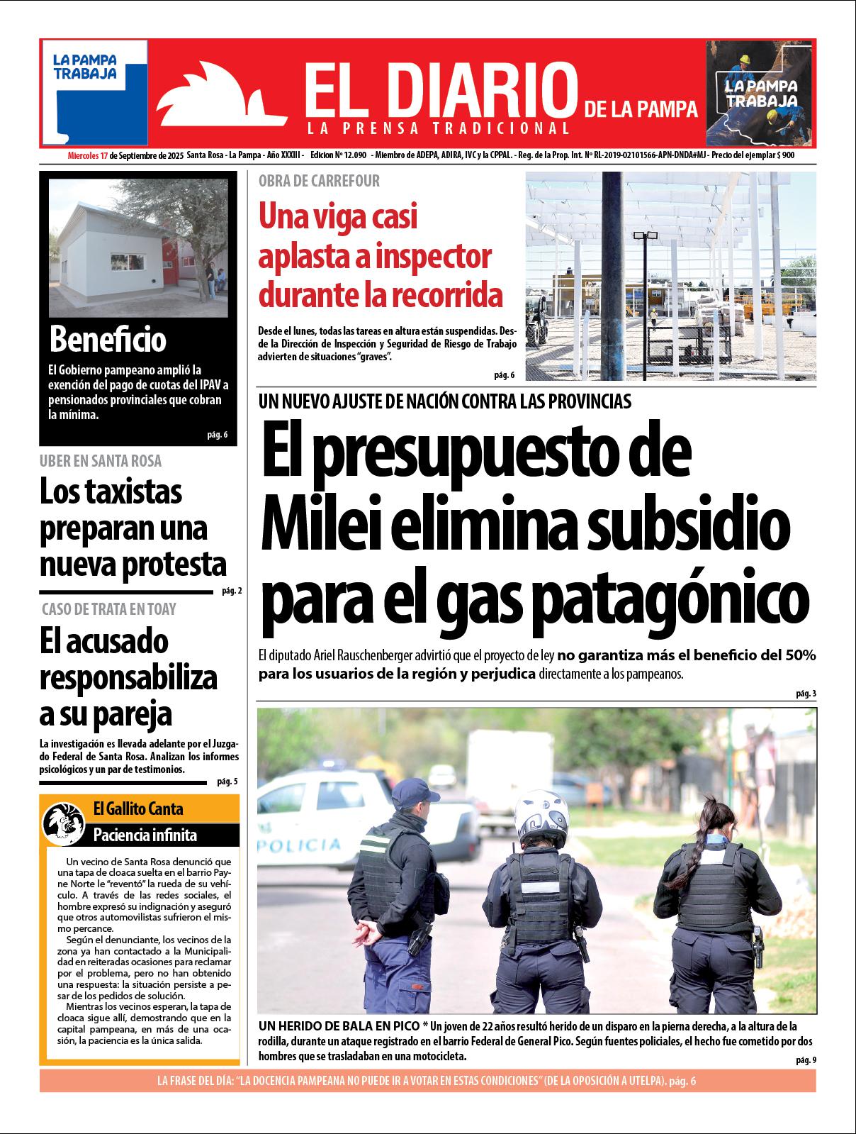 Tapa de El Diario en papel  mieacutercoles 17 de septiembre de 2025